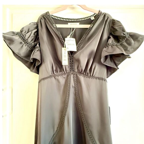 NWT Max Studio Flutter Sleeve Satin Midi Dress in Black.  Size XS - Picture 12 of 14
